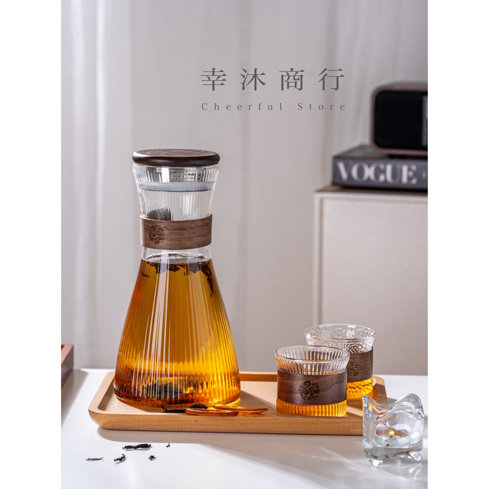 【幸沐商行】胡桃木玻璃茶杯 錘目紋 直條紋 泡茶杯 冷飲杯 套組 日式泡茶杯 玻璃木杯套裝 胡桃木套環-細節圖7