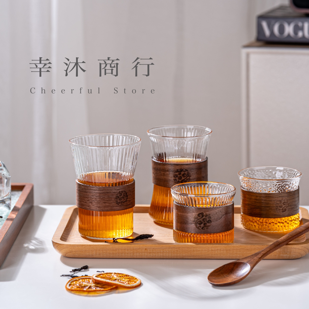 【幸沐商行】胡桃木玻璃茶杯 錘目紋 直條紋 泡茶杯 冷飲杯 套組 日式泡茶杯 玻璃木杯套裝 胡桃木套環-細節圖8