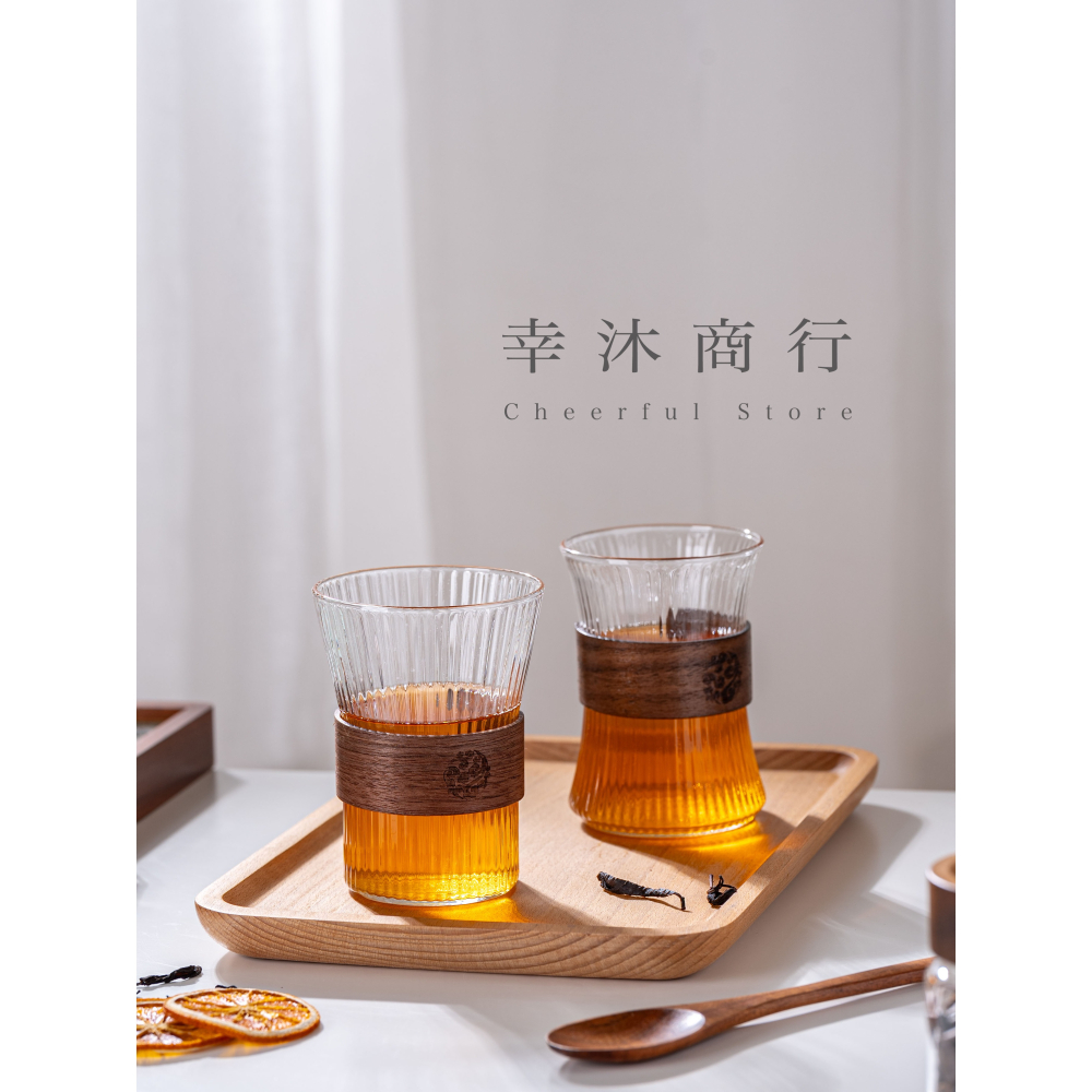 【幸沐商行】胡桃木玻璃茶杯 錘目紋 直條紋 泡茶杯 冷飲杯 套組 日式泡茶杯 玻璃木杯套裝 胡桃木套環-細節圖9