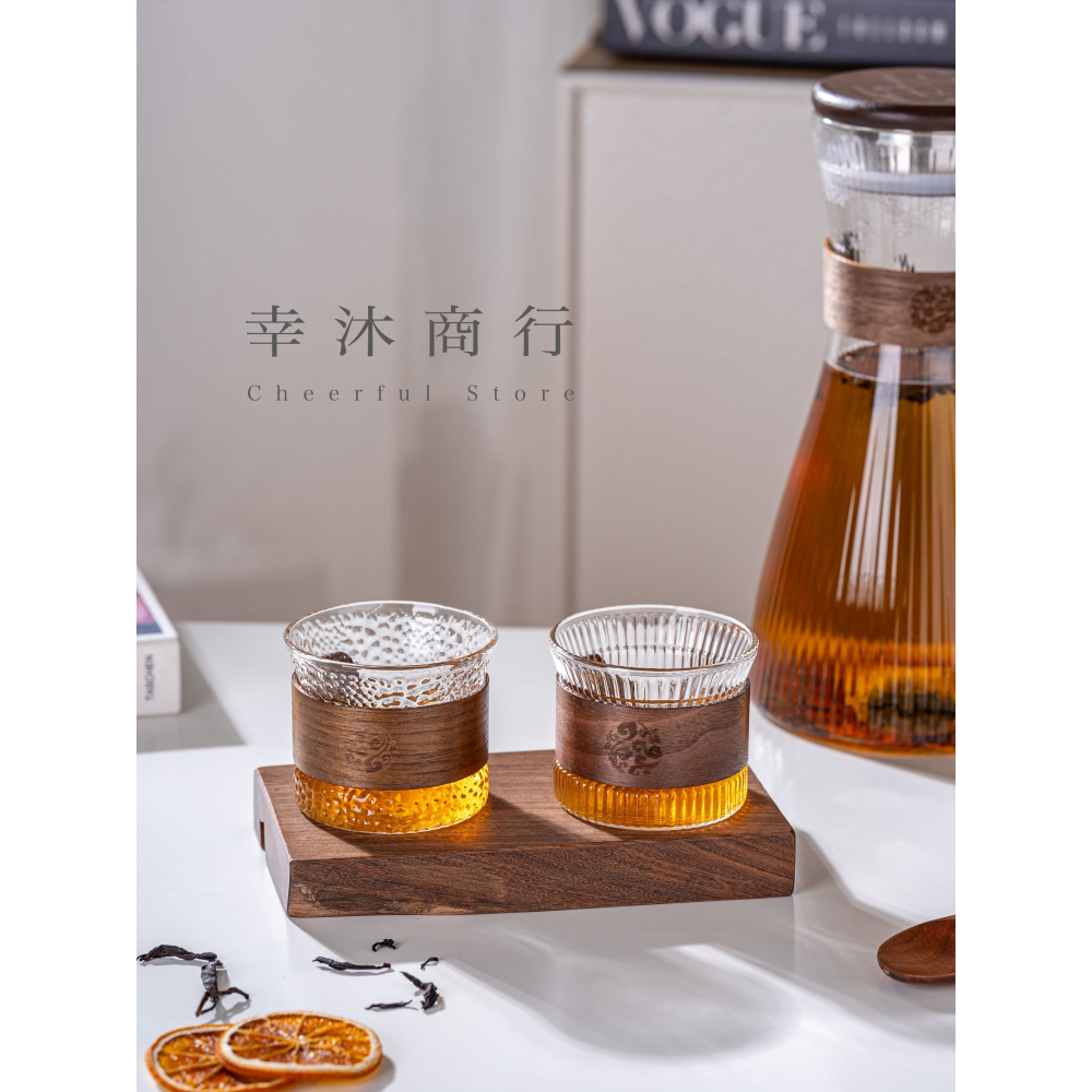 【幸沐商行】胡桃木玻璃茶杯 錘目紋 直條紋 泡茶杯 冷飲杯 套組 日式泡茶杯 玻璃木杯套裝 胡桃木套環-細節圖10