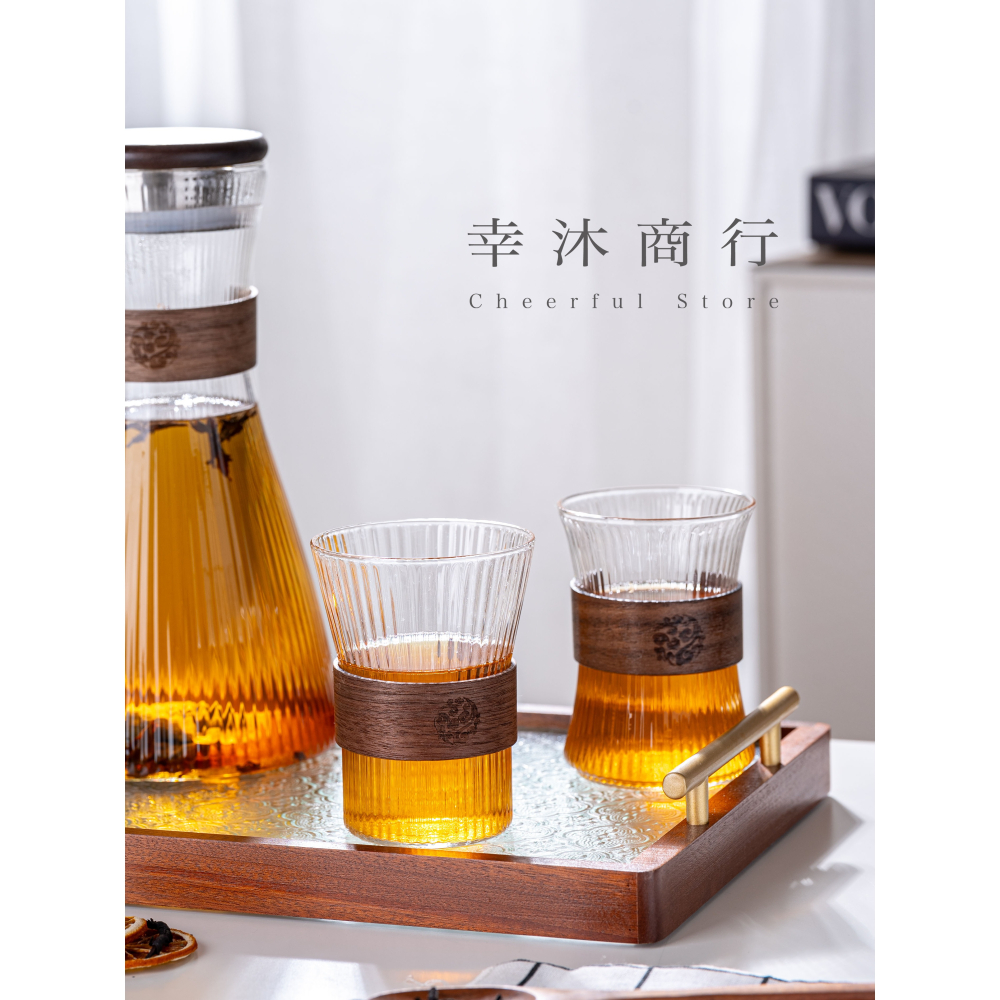 【幸沐商行】胡桃木玻璃茶杯 錘目紋 直條紋 泡茶杯 冷飲杯 套組 日式泡茶杯 玻璃木杯套裝 胡桃木套環-細節圖11