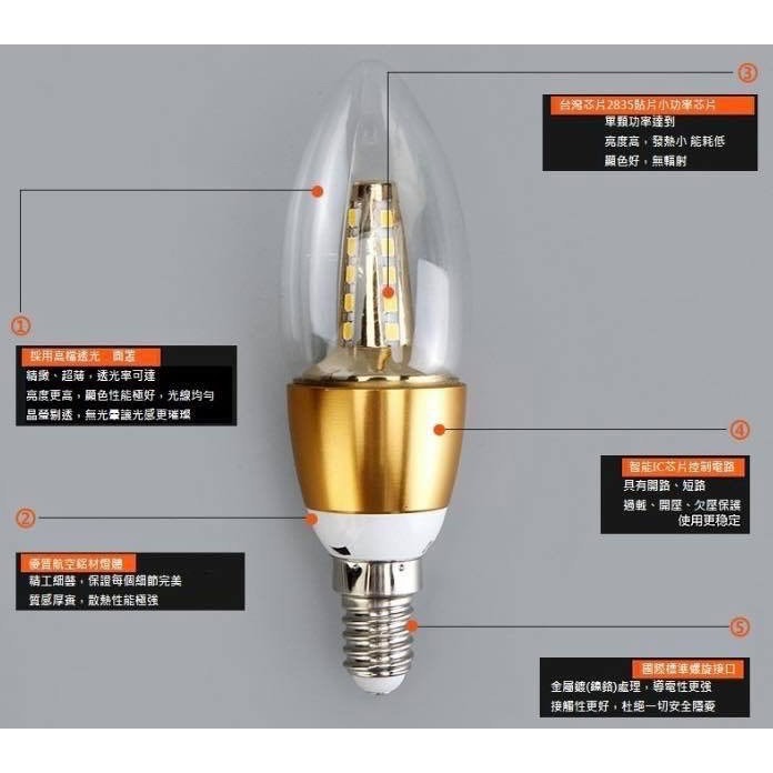 【金光閃閃】含稅價 LED 全電壓 110V 220V 5W E12 拉尾燈炮 尖清燈泡 白光 黃光 水晶燈 蠟燭燈泡-細節圖4