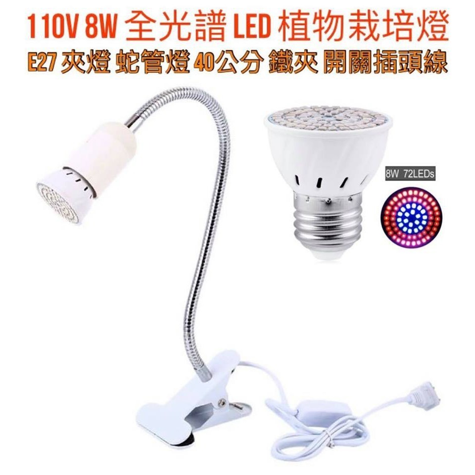 110V 8W 全光譜 LED 植物燈 E27 夾燈 植物生長燈 栽培燈 多肉植物 育苗 花卉-細節圖2