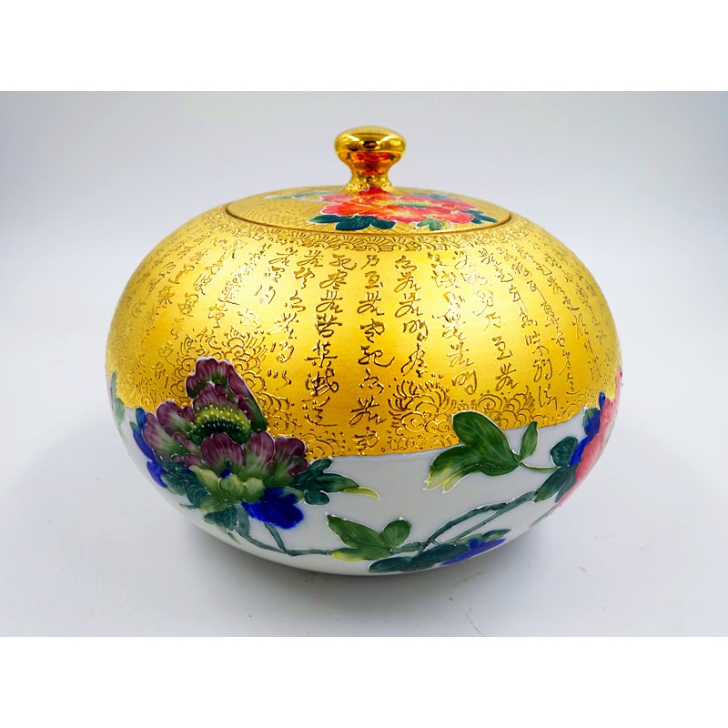 故宮御用國寶彩繪大師-林春香 牡丹心經聚寶盆 開運 招財聚寶盆 心經雕金聚寶盆 法華彩 收藏 風水聚寶盆 父親節送禮-細節圖2