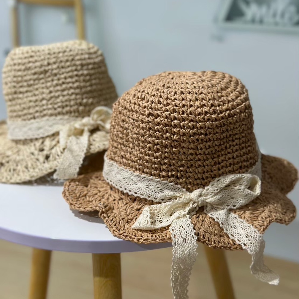 嬰幼童花邊軟型圓頂蝴蝶結緞帶草帽-細節圖2