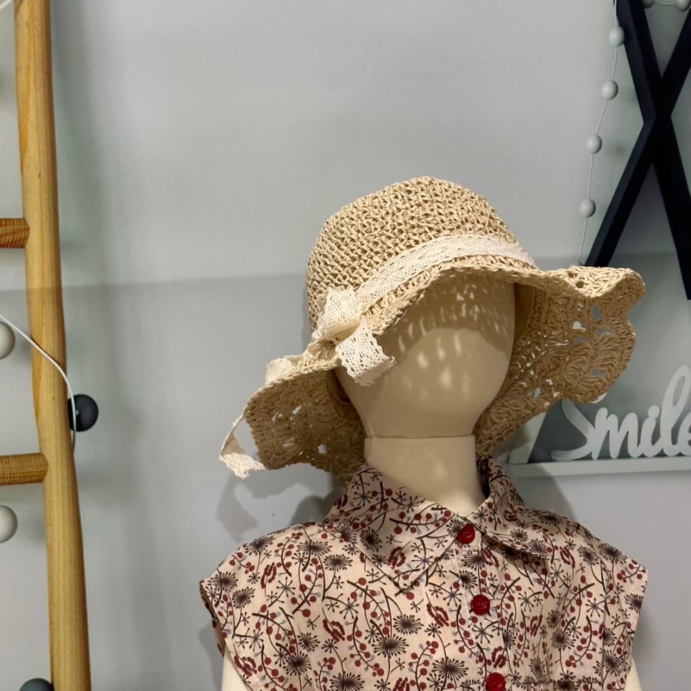 嬰幼童花邊軟型圓頂蝴蝶結緞帶草帽-細節圖3
