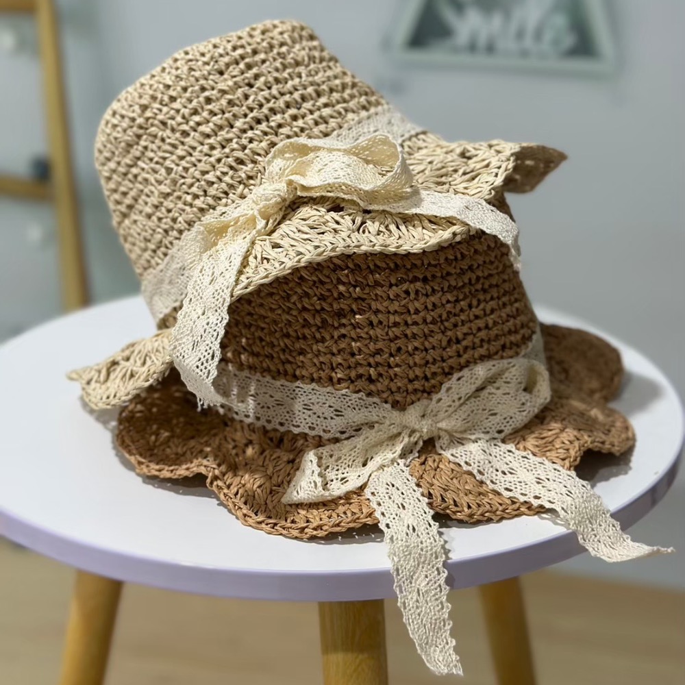 嬰幼童花邊軟型圓頂蝴蝶結緞帶草帽-細節圖5