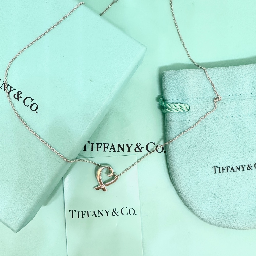 TIFFANY&Co 鑲真鑽愛心緞帶純銀項鍊