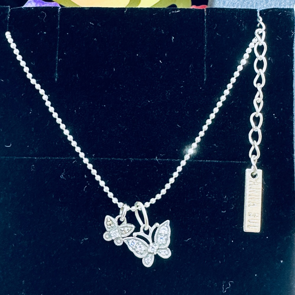 ANNA SUI安娜蘇大小鑽蝶雙墜925純銀項鍊-細節圖2