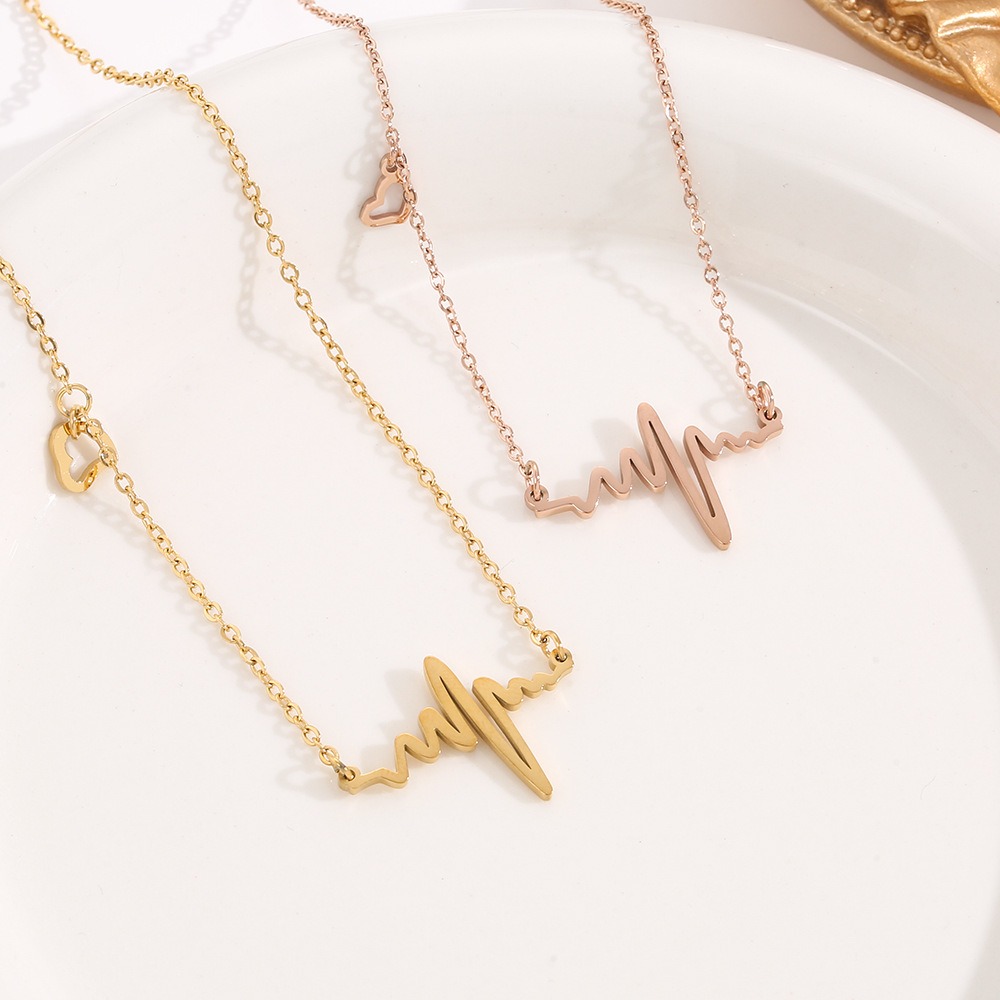 🌈BEAUTY飾品🌈 FN52-54 在台現貨 18K真金電鍍 心電圖心型垂墜耳鈦鋼項鍊（金色）（玫瑰色）（銀色）-細節圖3