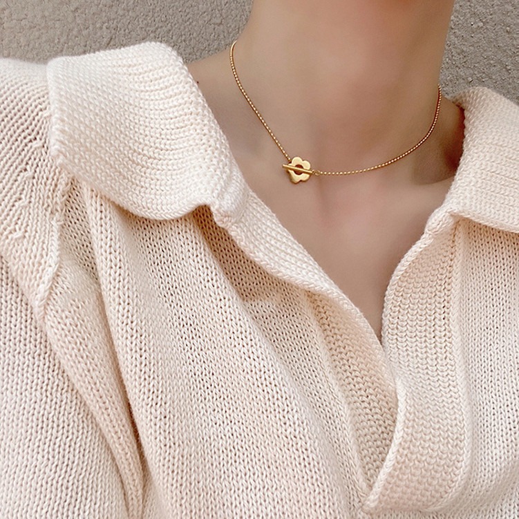 🌈BEAUTY飾品🌈 FN71-72 在台現貨 18K真金電鍍 OT扣花朵珠鍊鈦鋼項鍊（金色）（玫瑰金）-細節圖2