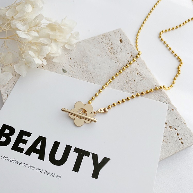 🌈BEAUTY飾品🌈 FN71-72 在台現貨 18K真金電鍍 OT扣花朵珠鍊鈦鋼項鍊（金色）（玫瑰金）-細節圖3