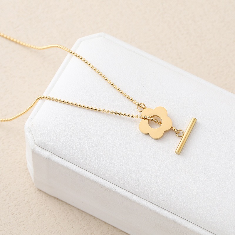 🌈BEAUTY飾品🌈 FN71-72 在台現貨 18K真金電鍍 OT扣花朵珠鍊鈦鋼項鍊（金色）（玫瑰金）-細節圖4