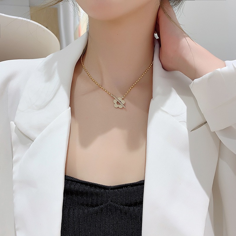 🌈BEAUTY飾品🌈 FN71-72 在台現貨 18K真金電鍍 OT扣花朵珠鍊鈦鋼項鍊（金色）（玫瑰金）-細節圖7