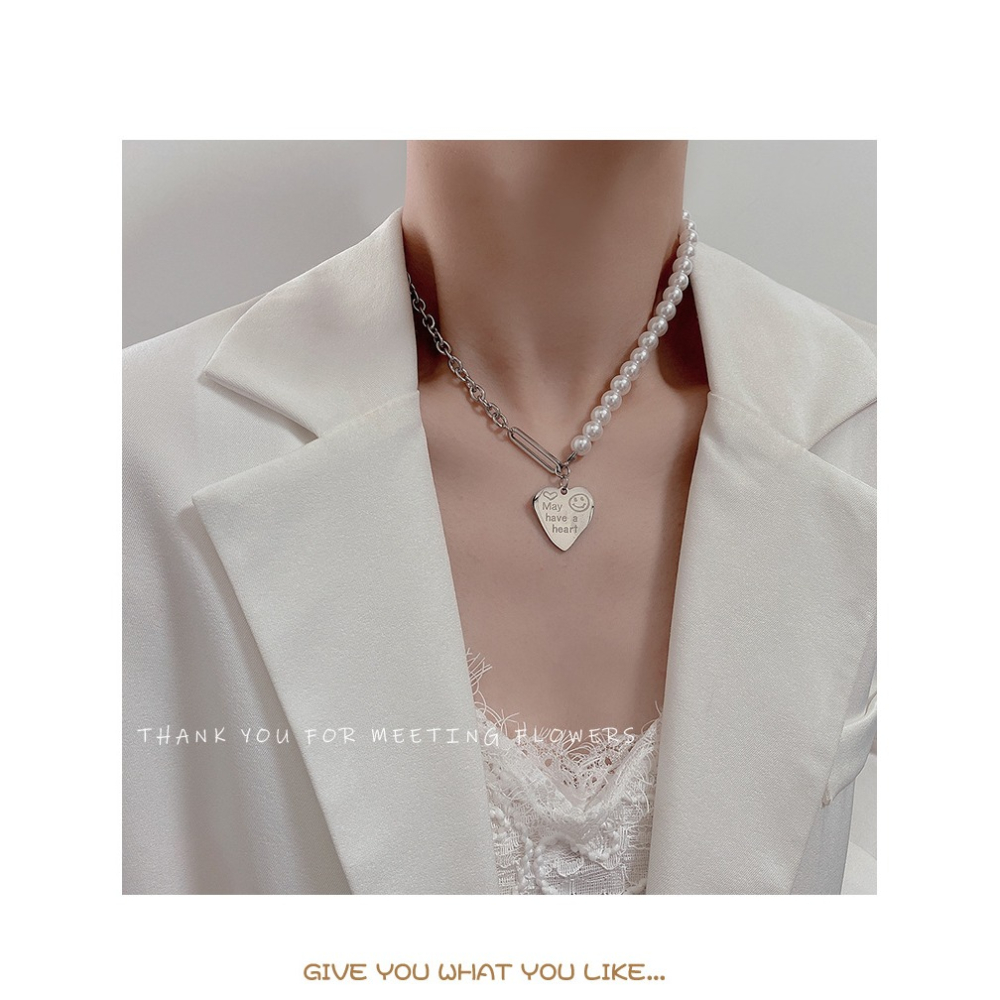 🌈BEAUTY飾品🌈 FN75-76 在台現貨 真金電鍍14k 螺旋長條簡約鈦鋼項鍊（銀色）/笑臉珍珠愛心鈦鋼項鍊（-細節圖4