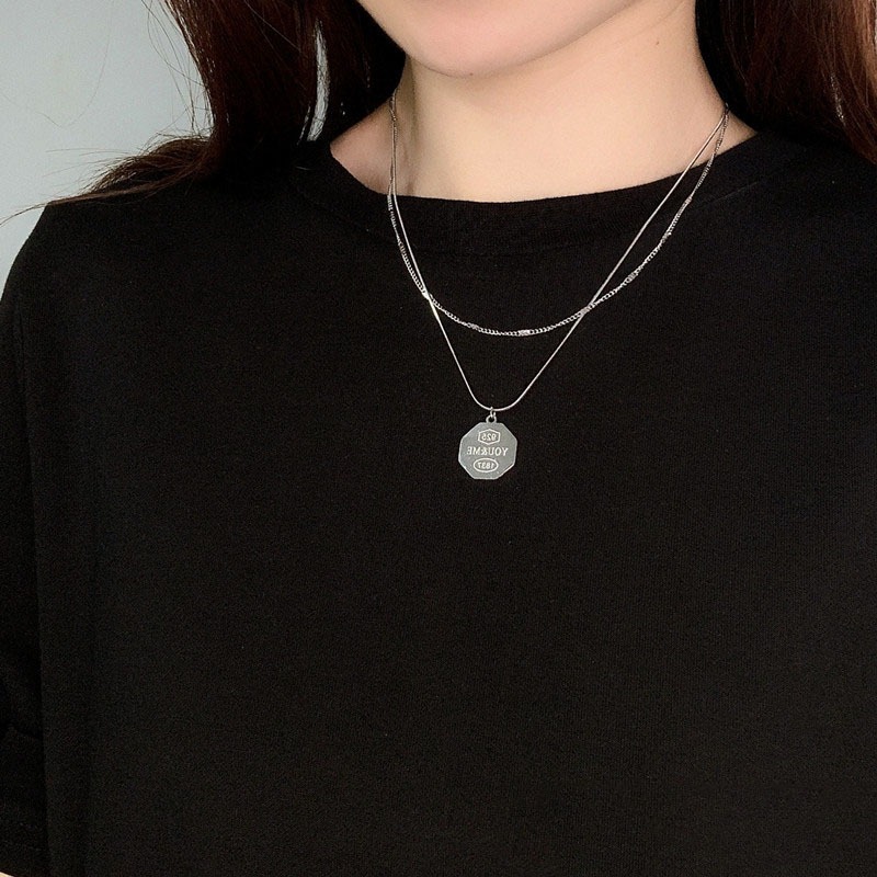 🌈BEAUTY飾品🌈 FN77 在台現貨 真金電鍍14k 雙層六角形刻字鈦鋼項鍊（銀色）-細節圖4