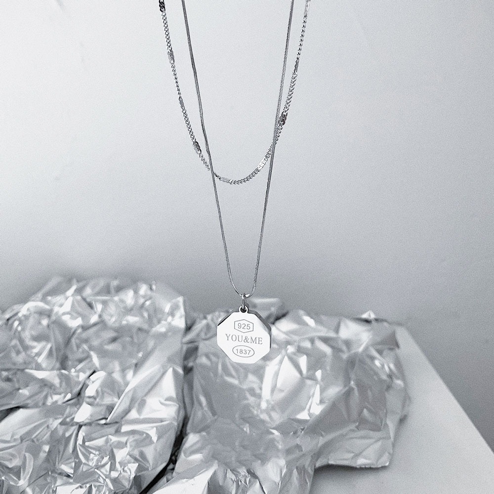 🌈BEAUTY飾品🌈 FN77 在台現貨 真金電鍍14k 雙層六角形刻字鈦鋼項鍊（銀色）-細節圖5