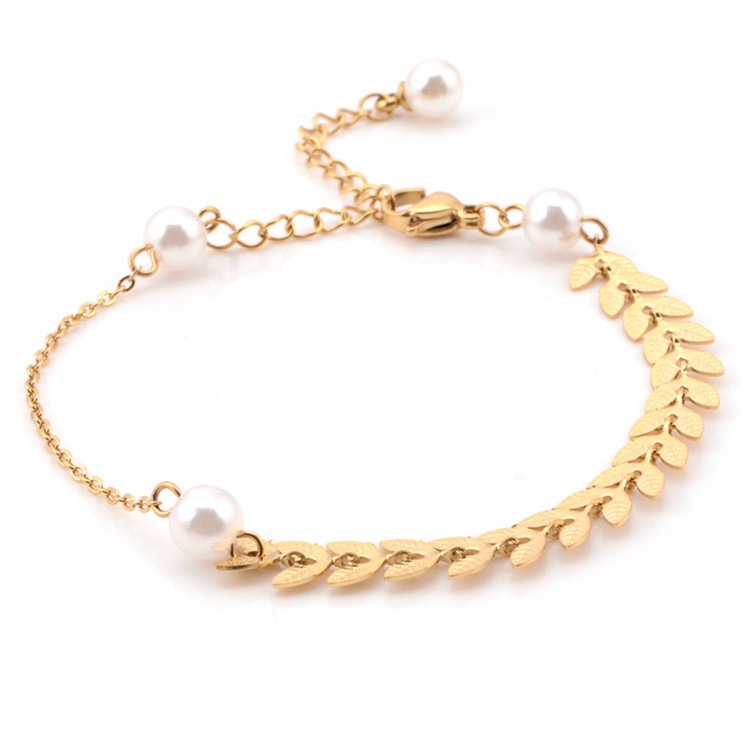 🌈BEAUTY飾品🌈 FH41-43 在台現貨 真金電鍍14k 麥穗珍珠鈦鋼不鏽鋼手鍊（金）/編織設計抽拉鈦鋼不鏽鋼-細節圖4