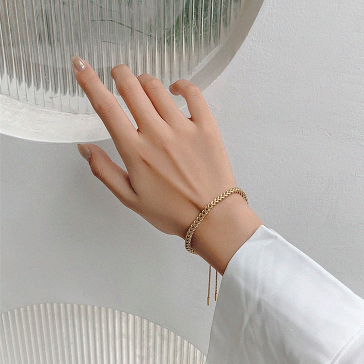 🌈BEAUTY飾品🌈 FH41-43 在台現貨 真金電鍍14k 麥穗珍珠鈦鋼不鏽鋼手鍊（金）/編織設計抽拉鈦鋼不鏽鋼-細節圖6