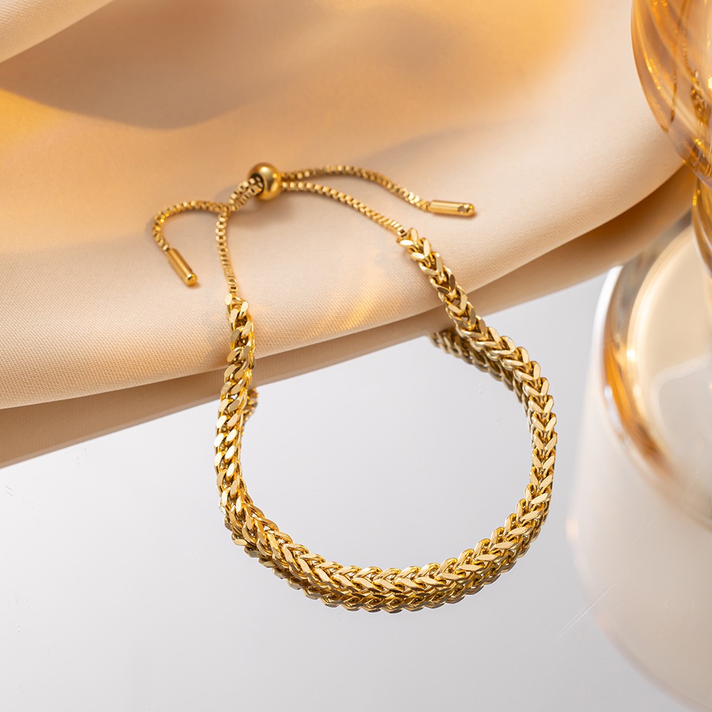 🌈BEAUTY飾品🌈 FH41-43 在台現貨 真金電鍍14k 麥穗珍珠鈦鋼不鏽鋼手鍊（金）/編織設計抽拉鈦鋼不鏽鋼-規格圖9