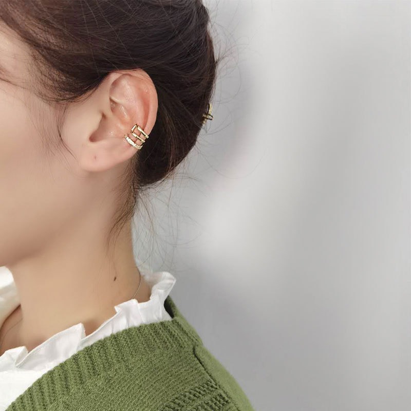 🌈BEAUTY飾品🌈 SYE18-19 在台現貨 真金電鍍18k 不對稱微鑲鑽耳釘&耳骨夾（金）/扇形珍珠耳骨夾（單-細節圖3