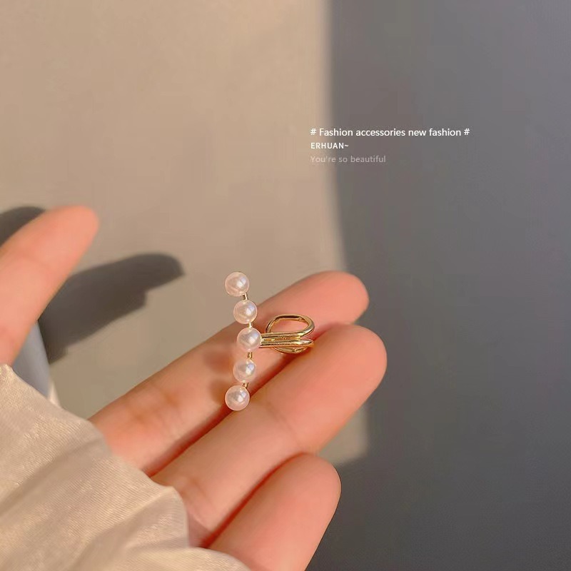 🌈BEAUTY飾品🌈 SYE18-19 在台現貨 真金電鍍18k 不對稱微鑲鑽耳釘&耳骨夾（金）/扇形珍珠耳骨夾（單-細節圖4