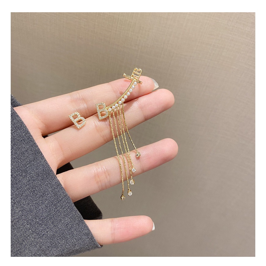 🌈BEAUTY飾品🌈 SYE26-27 在台現貨 真金電鍍18k 十字架流蘇鋯石耳耳骨夾（單支金）/不對稱字母B流蘇-細節圖6