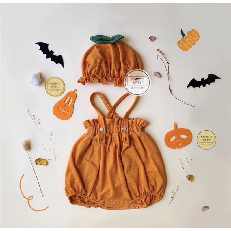 2024韓版•ᴥ•/萬聖節/🦇南瓜造型吊帶包屁衣+帽子🎃-細節圖2
