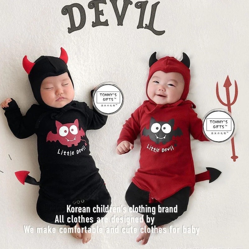 韓版•ᴥ•/萬聖節/寶寶蝙蝠惡魔造型長袖包屁衣+帽子 2色🦇童裝-細節圖2