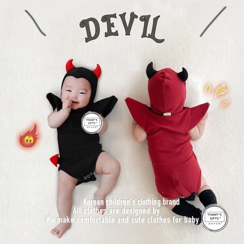 韓版•ᴥ•/萬聖節/寶寶蝙蝠惡魔造型短袖包屁衣+帽子 2色🦇-細節圖2