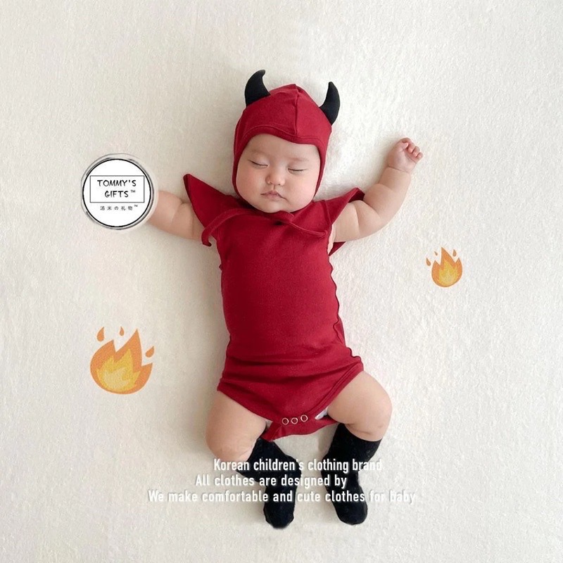 韓版•ᴥ•/萬聖節/寶寶蝙蝠惡魔造型短袖包屁衣+帽子 2色🦇-細節圖3