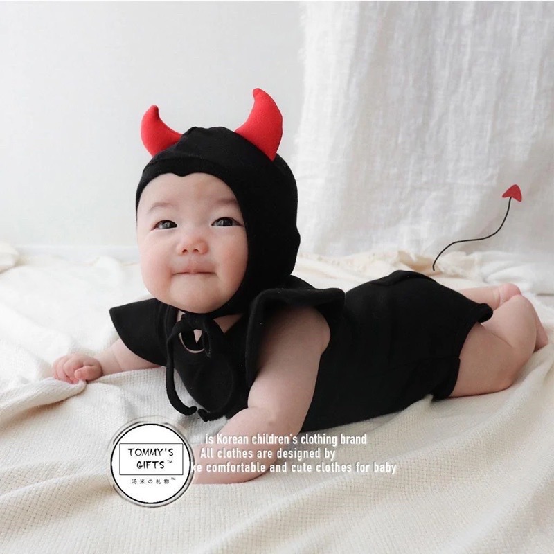 韓版•ᴥ•/萬聖節/寶寶蝙蝠惡魔造型短袖包屁衣+帽子 2色🦇-細節圖5