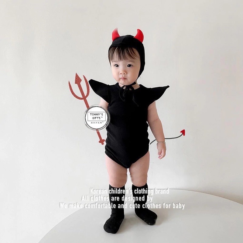 韓版•ᴥ•/萬聖節/寶寶蝙蝠惡魔造型短袖包屁衣+帽子 2色🦇-細節圖6