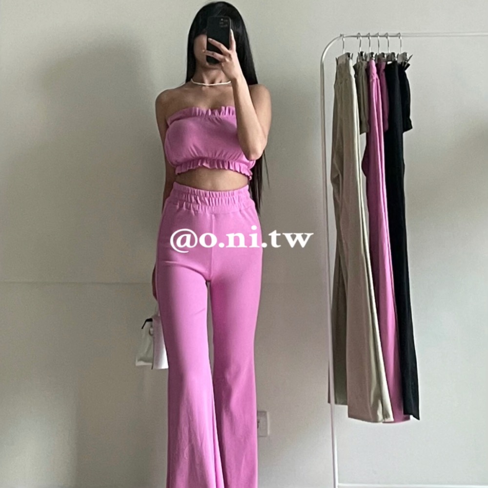 【o.ni.tw-現貨#0017】熱賣款❗️花苞平口高腰長褲套裝 平口 背心 短板 摸胸 長褲 寬褲 高腰-細節圖2