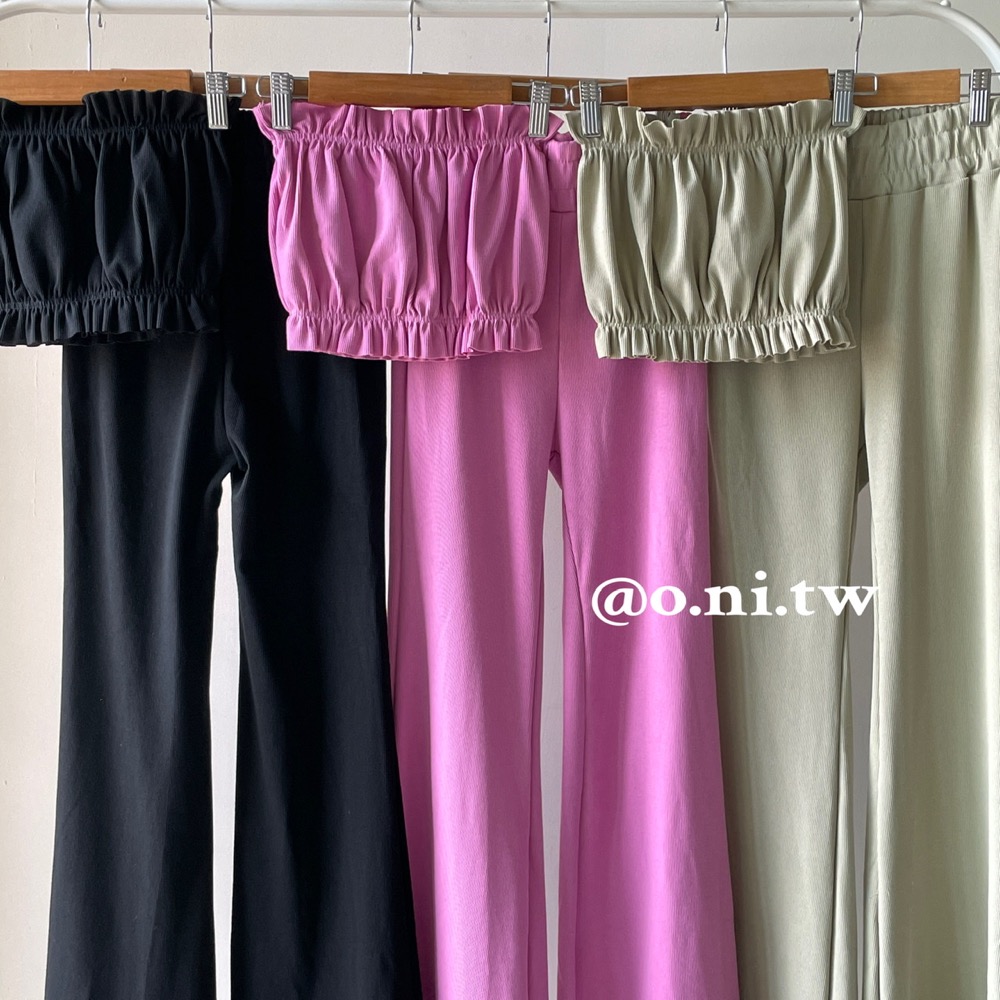 【o.ni.tw-現貨#0017】熱賣款❗️花苞平口高腰長褲套裝 平口 背心 短板 摸胸 長褲 寬褲 高腰-細節圖5