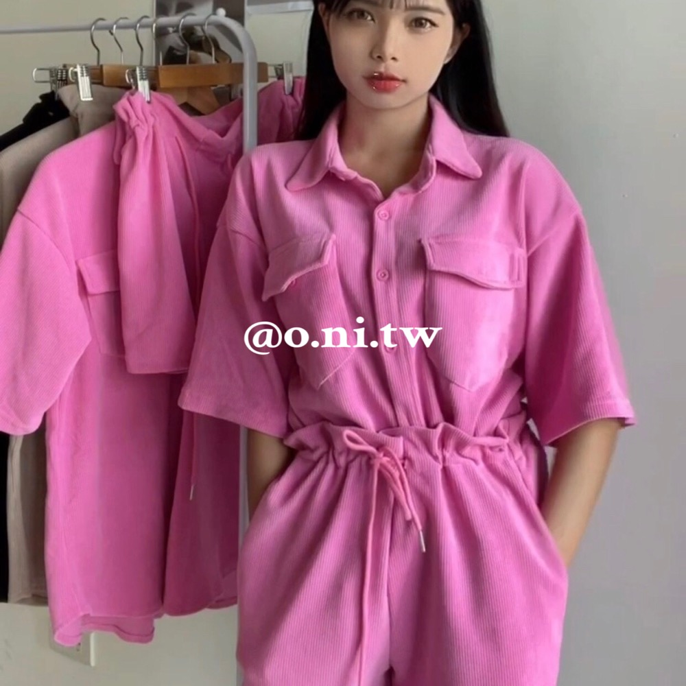 【o.ni.tw-現貨+預購#0044】華夫格套裝 上衣+短褲 日韓同步上架 粉色 卡其色 咖啡色 黑色-細節圖2