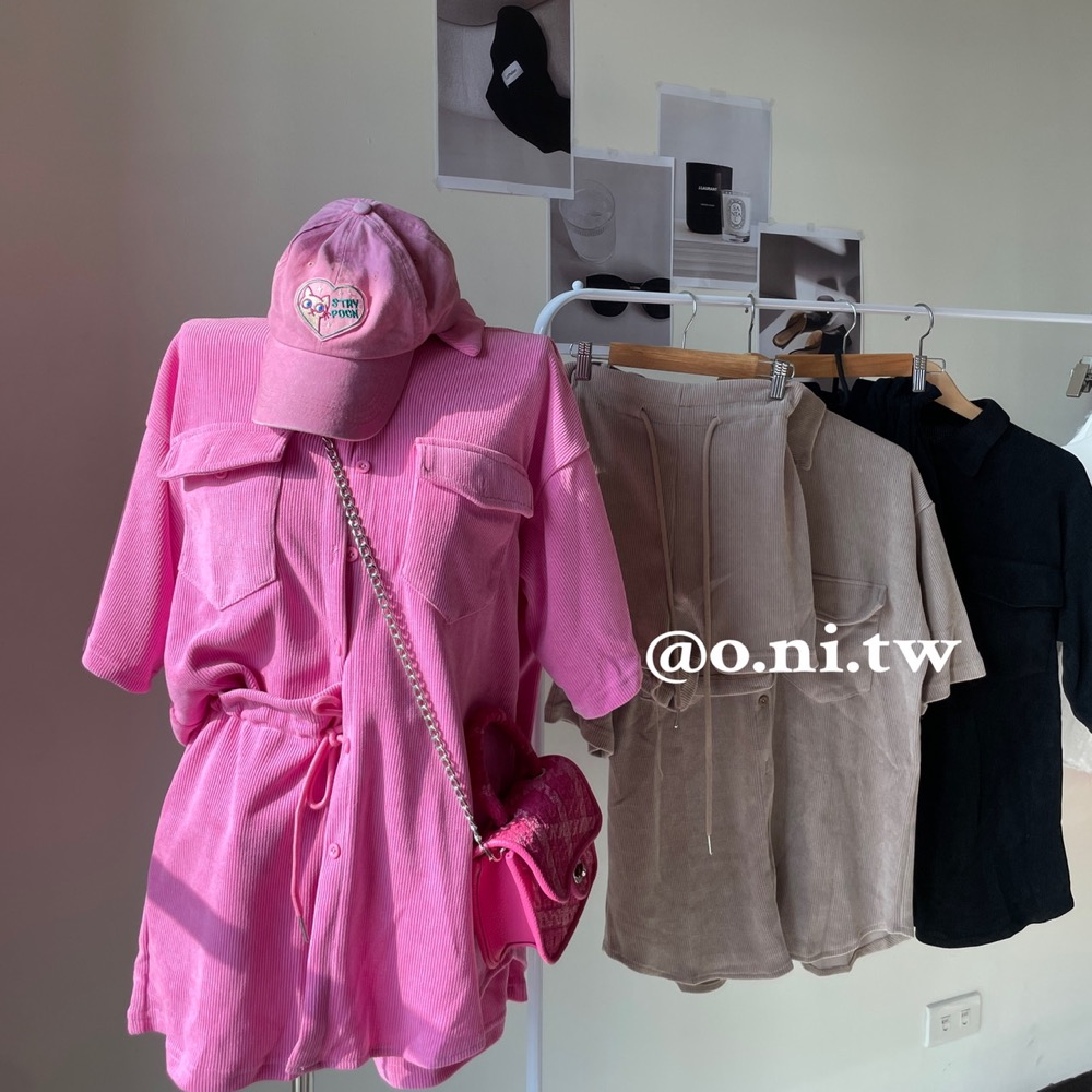 【o.ni.tw-現貨+預購#0044】華夫格套裝 上衣+短褲 日韓同步上架 粉色 卡其色 咖啡色 黑色-細節圖4