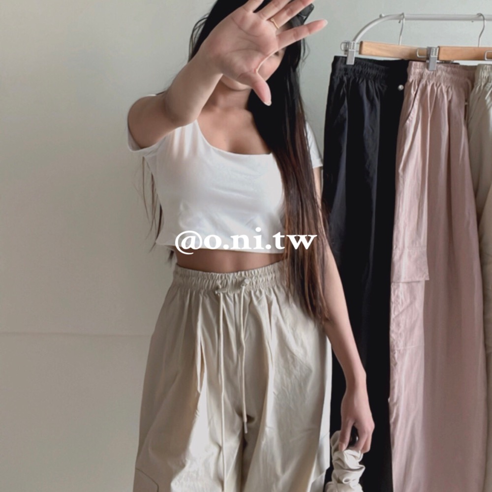 【o.ni.tw-現貨#0021】❗️今年流行款❗️綁繩春夏薄款工裝褲 長褲 工裝褲 黑色 粉色 杏色 寬褲-細節圖3