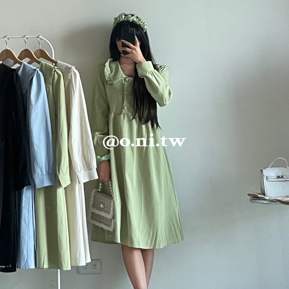 【o.ni.tw-現貨+預購#0029】日系春季新品馬卡龍色系連身裙 長裙 白色 藍色 綠色 黑色 韓日-細節圖2