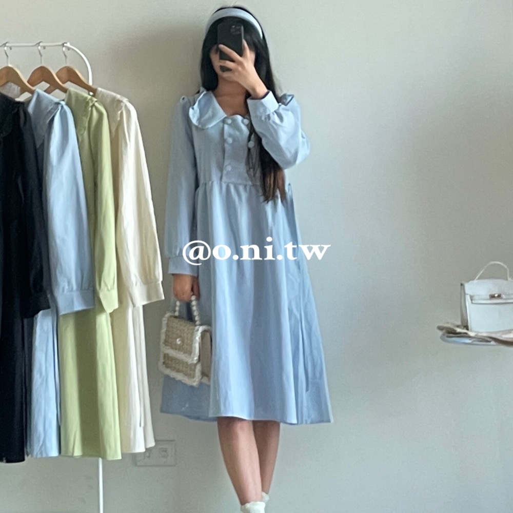 【o.ni.tw-現貨+預購#0029】日系春季新品馬卡龍色系連身裙 長裙 白色 藍色 綠色 黑色 韓日-細節圖3