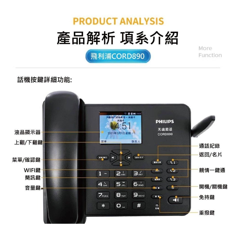 【VOLTE】 PHILIPS 飛利浦 4G插卡電話機 4G通話 CORD890 彩色螢幕 網路電話機 分享器-細節圖8