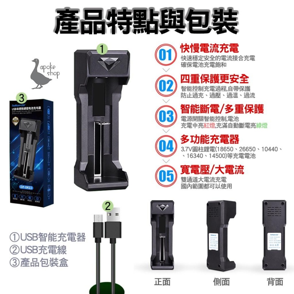 【阿婆K鵝】新款 1入 單槽 usb 電池充電器 3.7v 18650 10440 26650 14500 鋰電池 快充-細節圖9