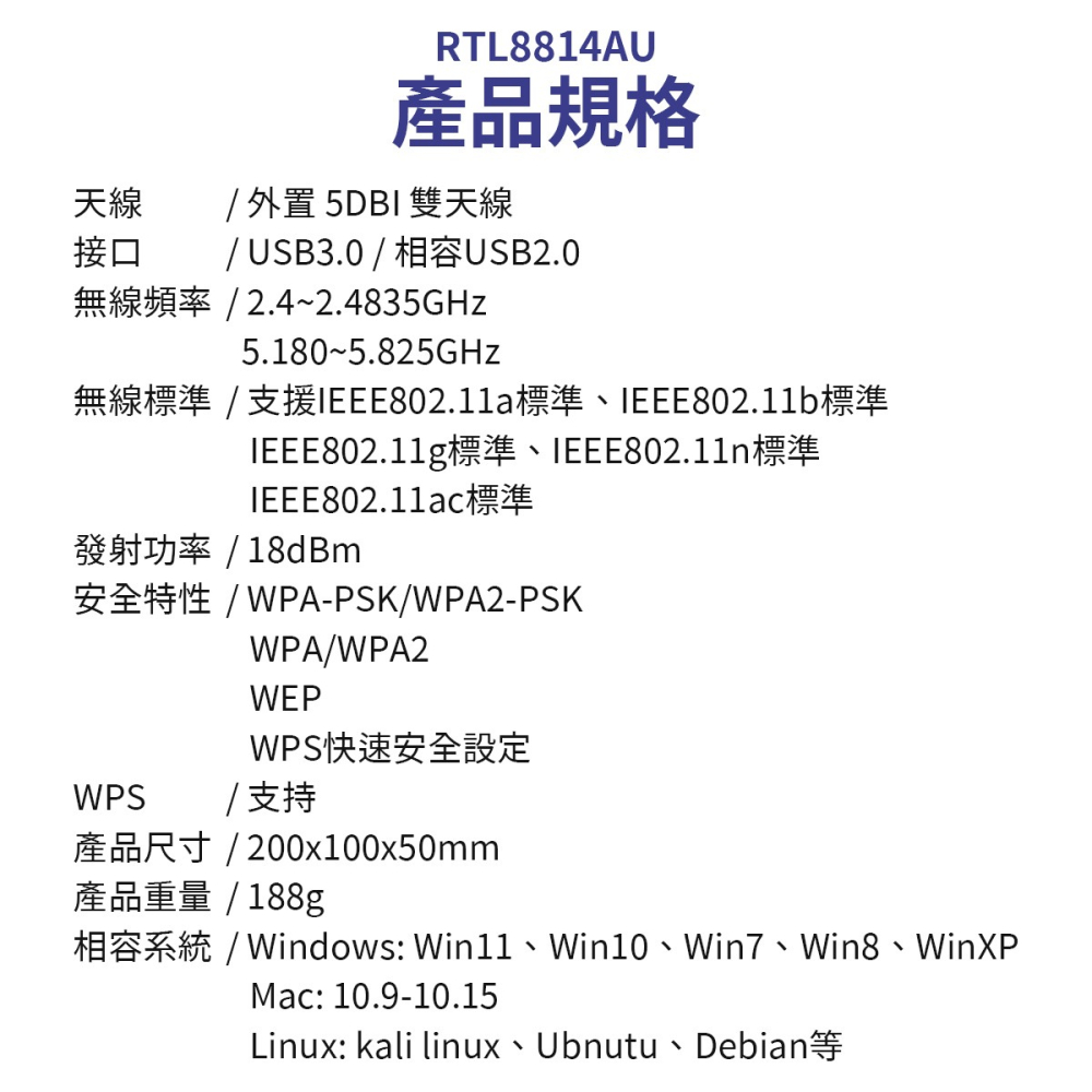 【WiFi接收器】高雄 無線網卡 RTL8814AU  WiFi 分享器 雙頻 2.4GHz 5GHz WiFi網路-細節圖6