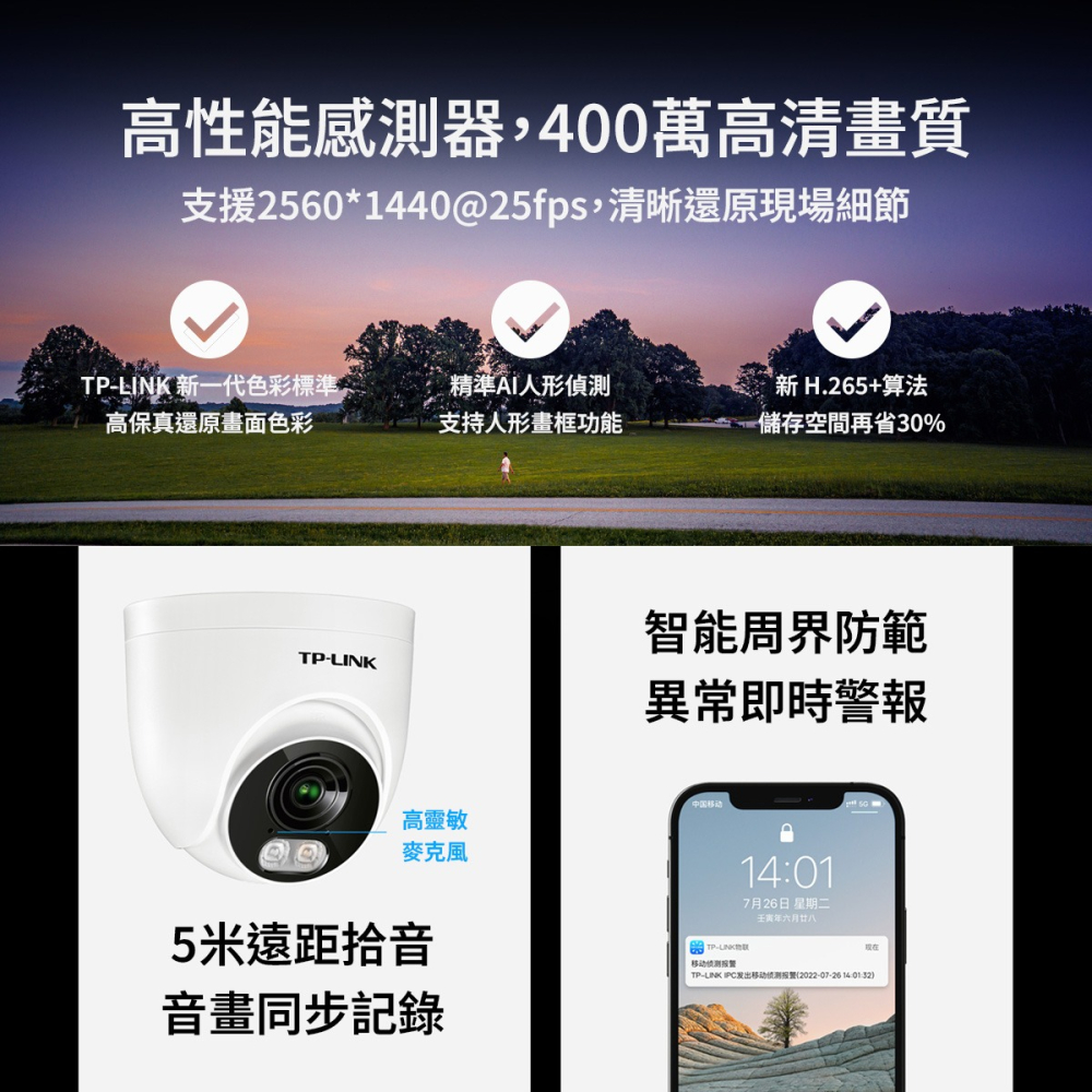 【TP-LINK】網路攝影機 TL-IPC445EP-W 400萬畫素 PoE 戶外防水 半球音頻雙光網路攝影機-細節圖6