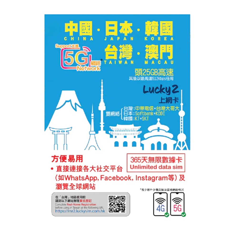 【台灣漫遊】25GB 365天 中台澳日韓 年卡日本 韓國 澳門 中國 亞洲 即插即用 上網卡 漫遊SIM卡  預付卡-規格圖1