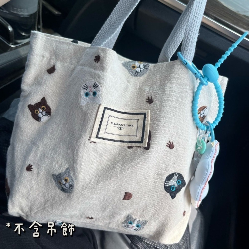 ♡rain迷你小舖♡現貨 快速出貨 貓咪刺繡帆布包 小清新 ins風 米色 外出包 手提包 帆布袋 簡約 日系 萬用包-細節圖2