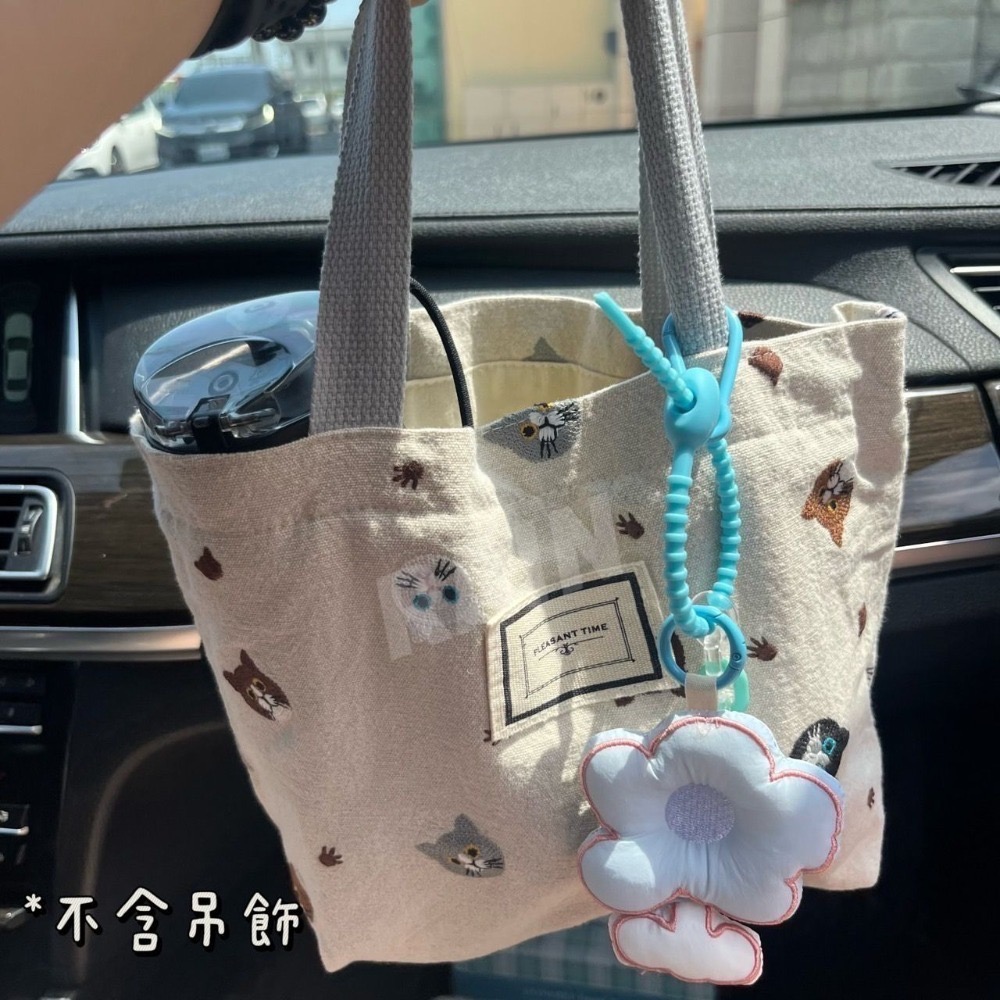 ♡rain迷你小舖♡現貨 快速出貨 貓咪刺繡帆布包 小清新 ins風 米色 外出包 手提包 帆布袋 簡約 日系 萬用包-細節圖3