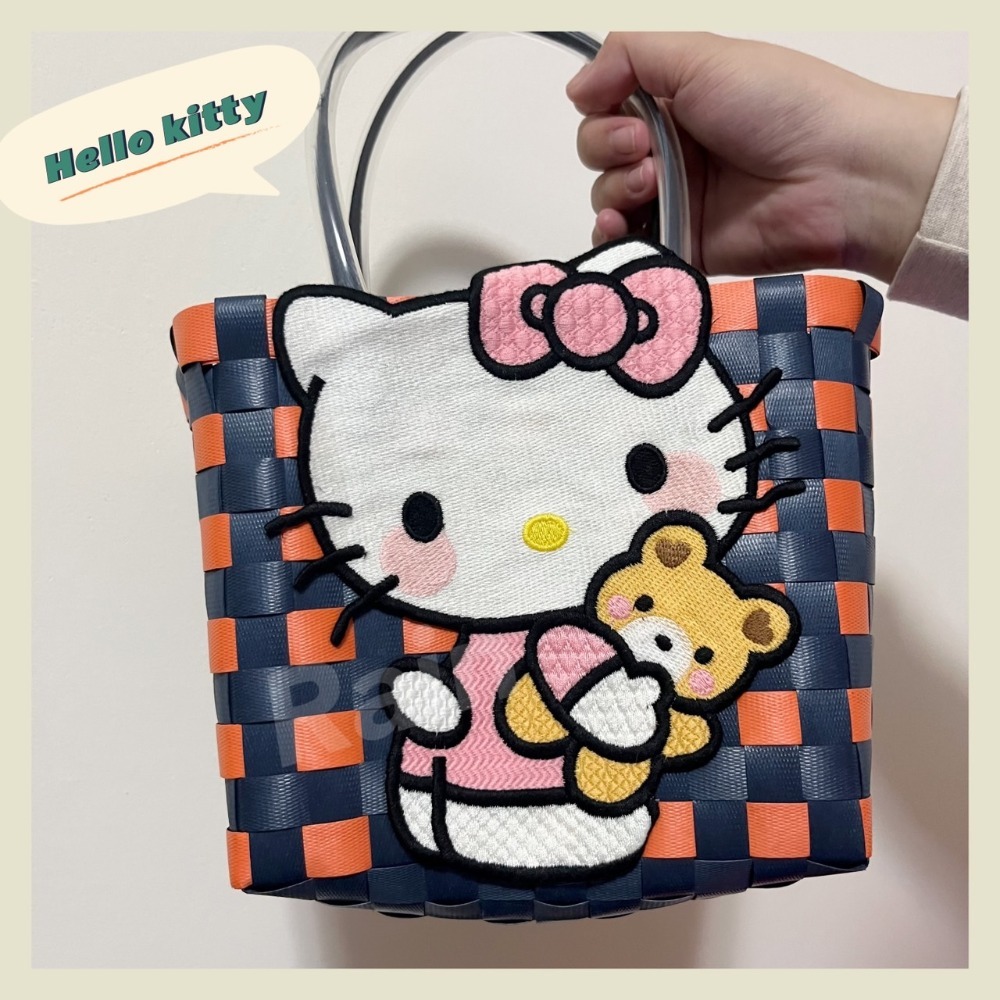 ♡rain迷你小舖♡現貨 快速出貨 全新 三麗鷗手提籃凱蒂貓 美樂蒂購物籃 手工編織 手提包 小方包 野餐包 野餐籃-規格圖1