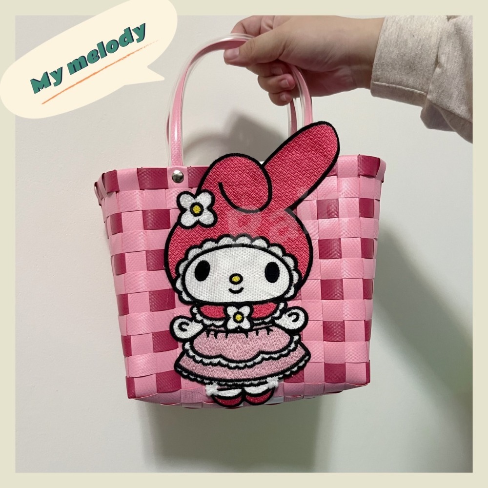 ♡rain迷你小舖♡現貨 快速出貨 全新 三麗鷗手提籃凱蒂貓 美樂蒂購物籃 手工編織 手提包 小方包 野餐包 野餐籃-規格圖1