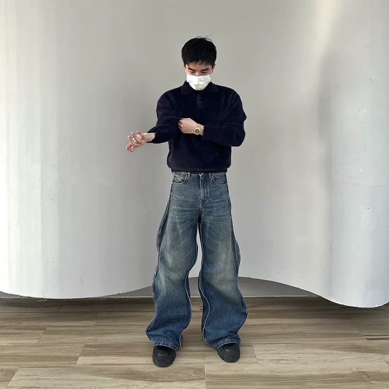 ￼『YEN’S嚴選』王嘉爾同款牛仔褲 男女同款 日韓潮流 扭曲波浪 寬鬆 高腰 直筒 牛仔褲-細節圖2